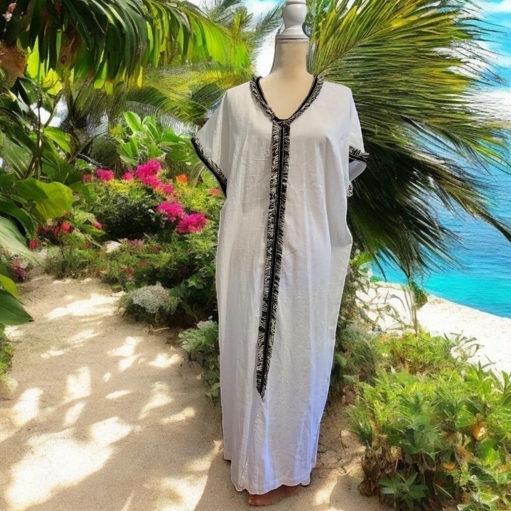 Michael Stars Dress White Cotton Caftan One Size Boho Fringe Beach Cover